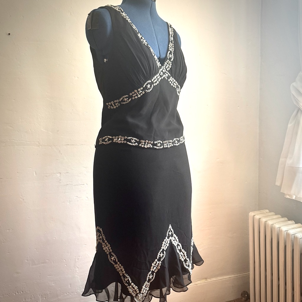 Nwt Vintage Black Silk Hand Beaded Cami And Skirt Set